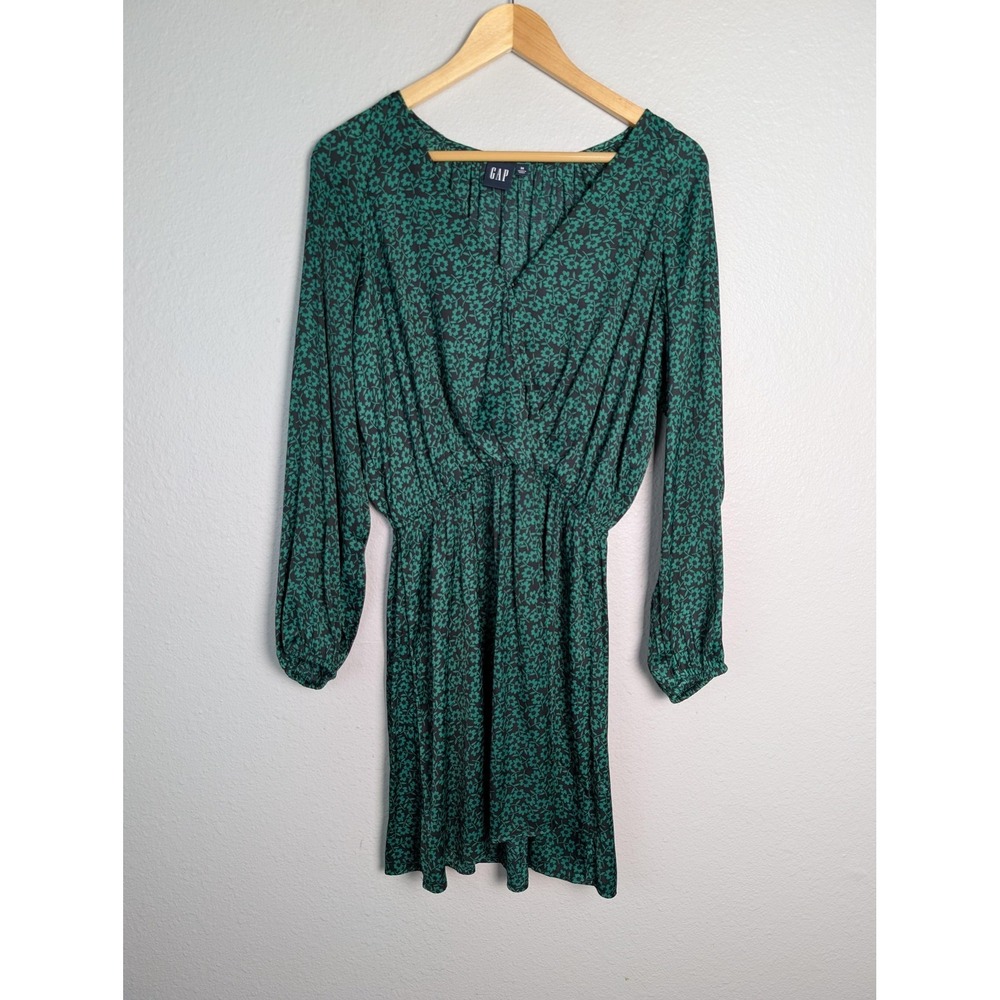 GAP Dress Womens M Green Short Wrap V-Neck Balloon Sleeve‎ Smocked Pleated